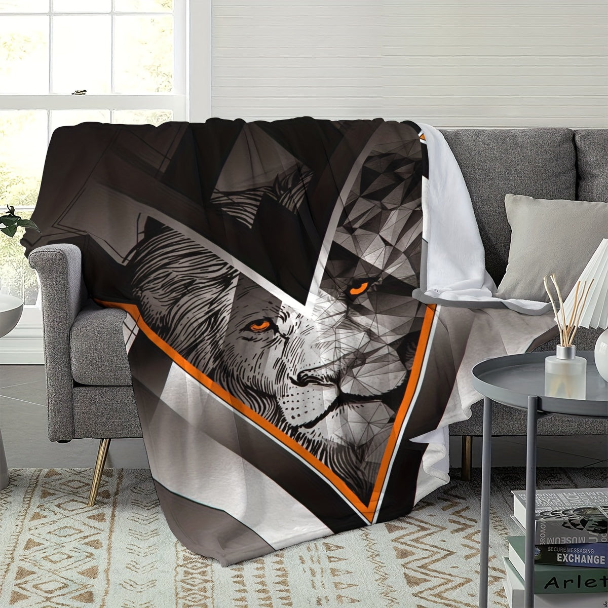 Lion Print Chunky Knit Polyester Blanket for All Seasons