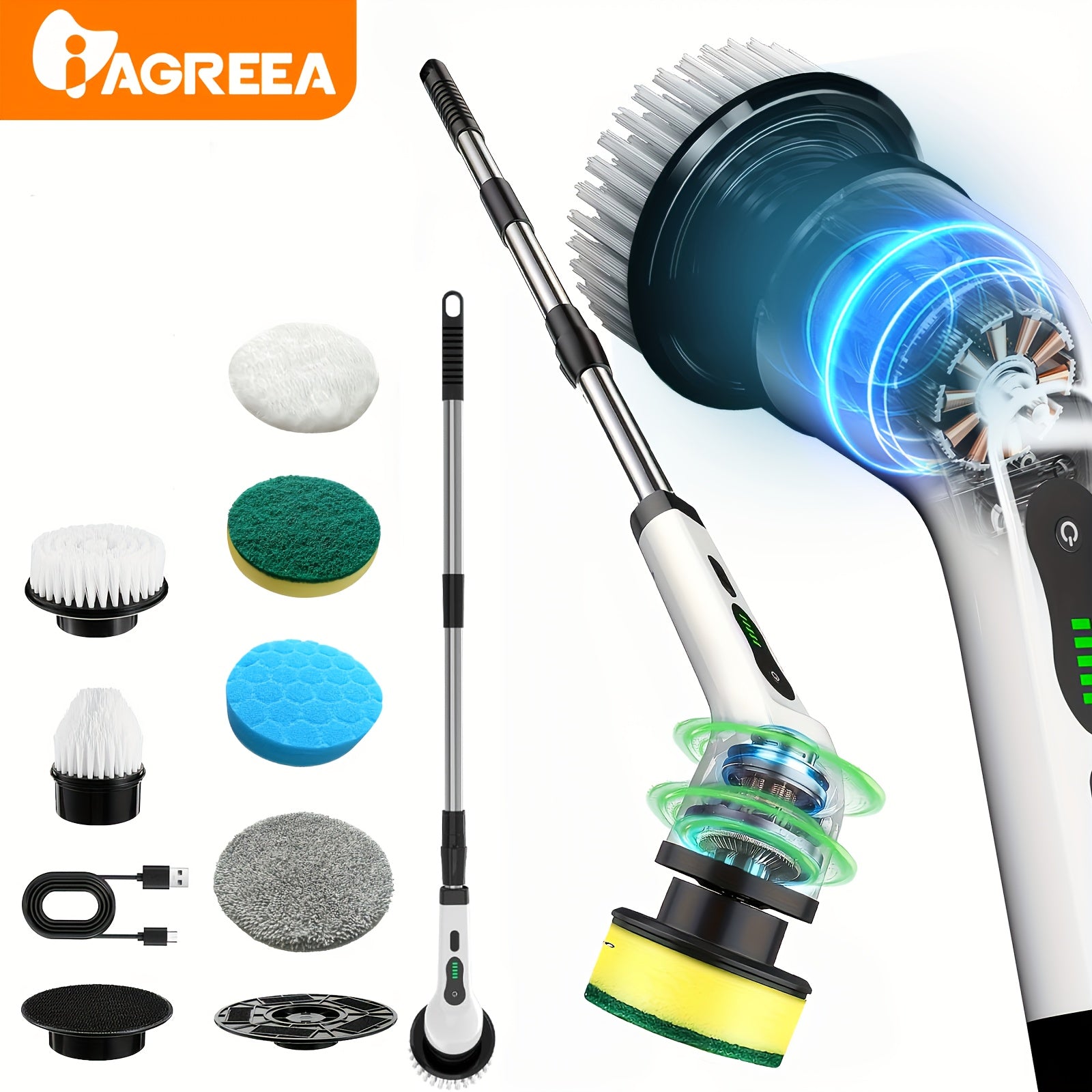 Wireless Electric Spin Mop with Interchangeable Brush Heads Telescopic Handle Cordless 360° Cleaning
