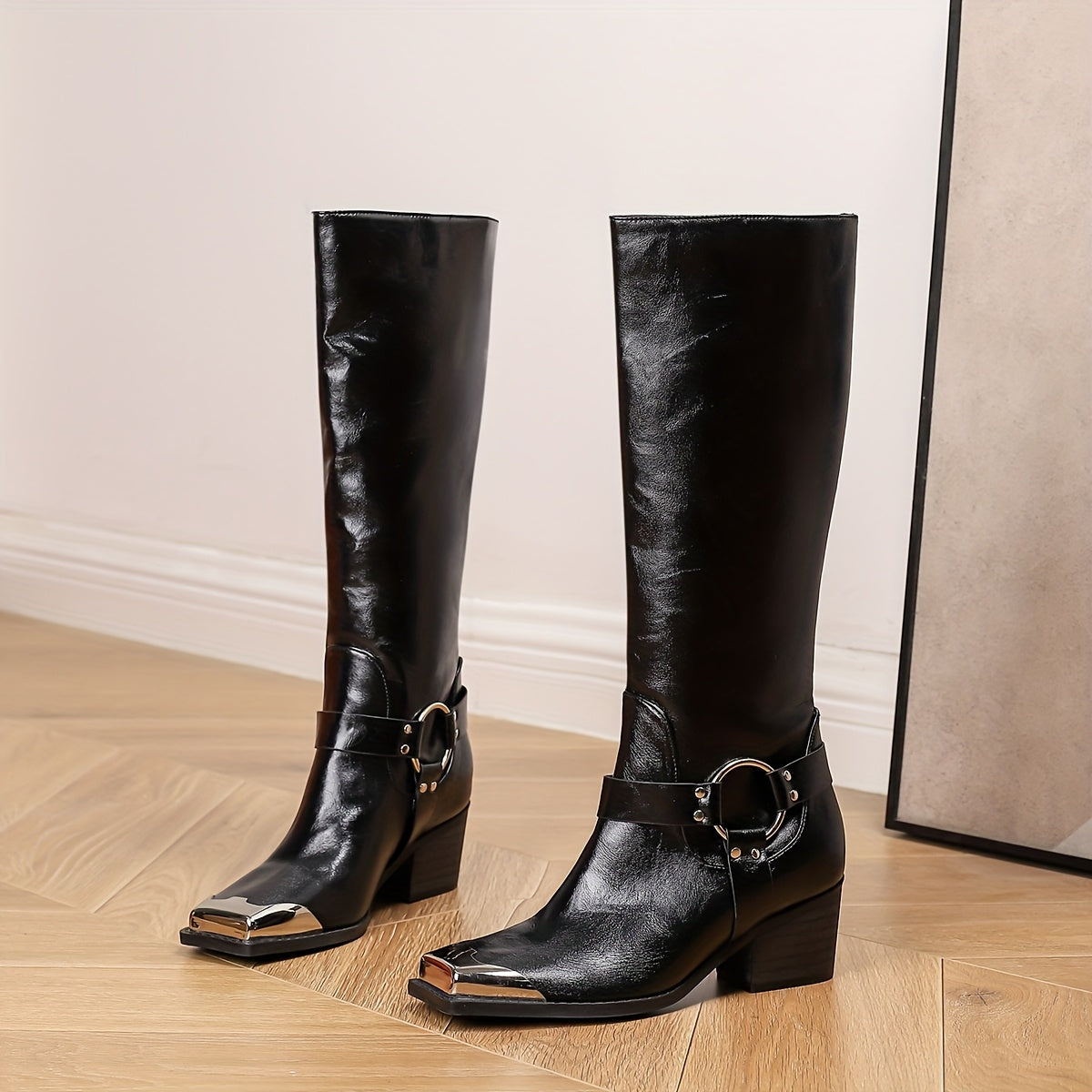 Women's Knee-High Leather Cowboy Boots with Chunky Heel and Wide Calf