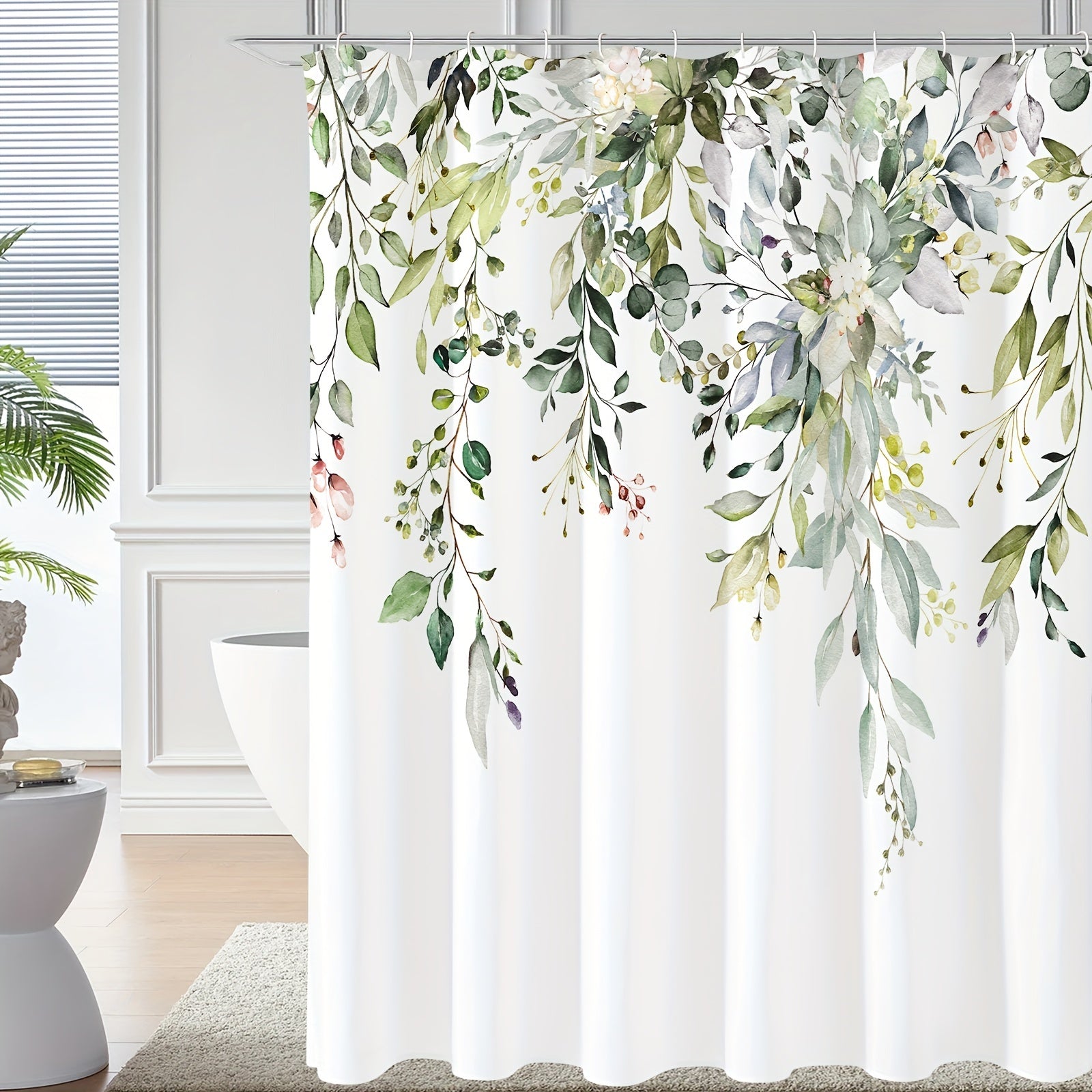 Waterproof Eucalyptus Shower Curtain with Watercolor Plant Leaves Floral Design Includes Hooks