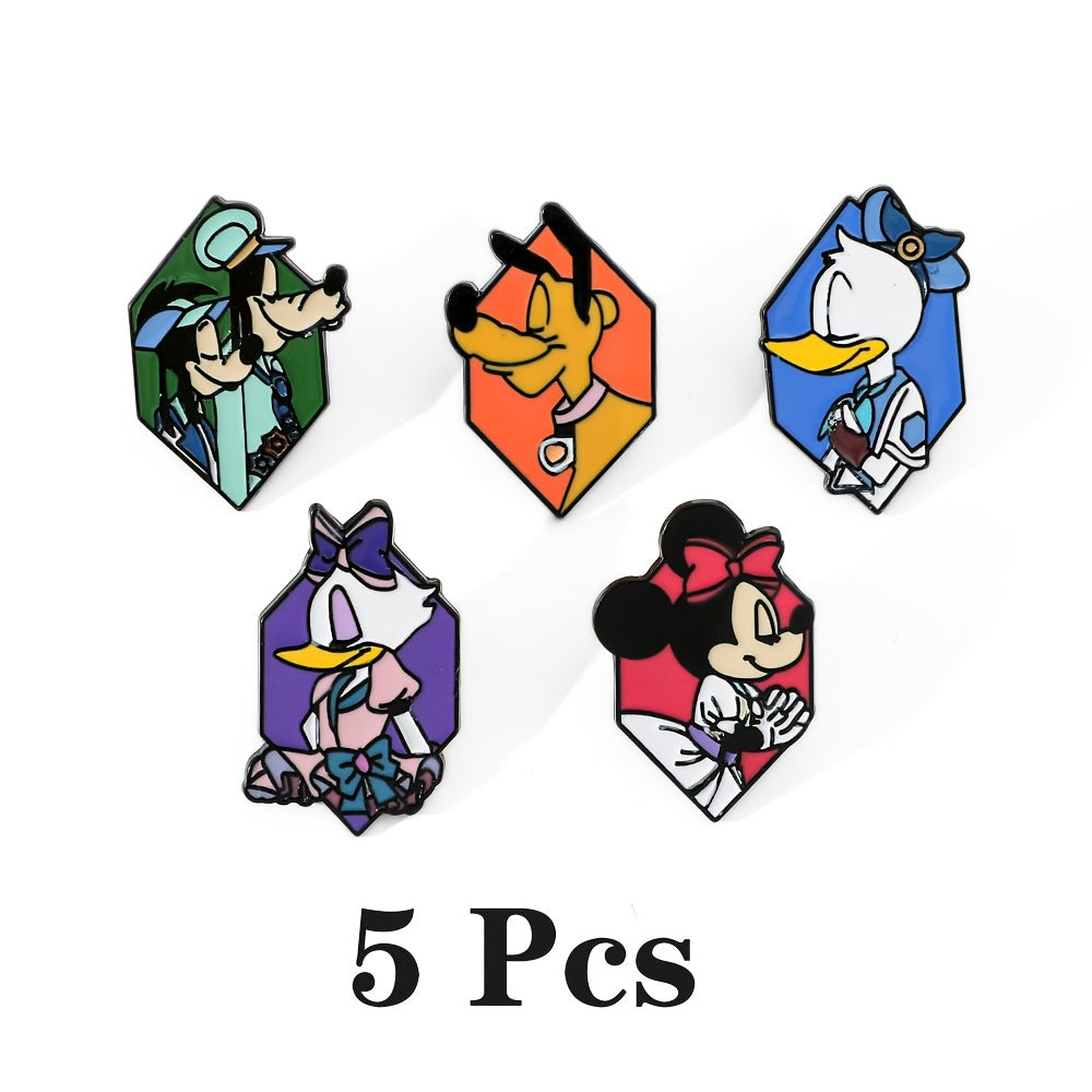 Set of 5 Cartoon Character Enamel Pins Minnie Donald Pluto Alloy Metal Badges