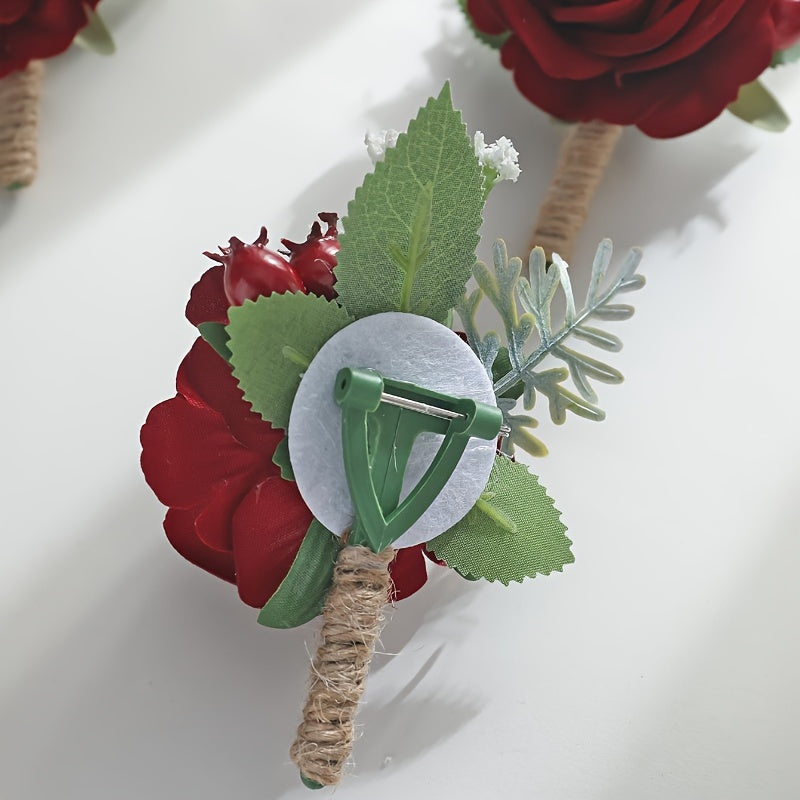 6-Piece Red Artificial Rose Wedding Boutonnieres for Bridal Party Groomsmen Prom Decorations