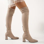 Women's Fleece-Lined Over-the-Knee Boots Khaki Pointed Toe Chunky Heel