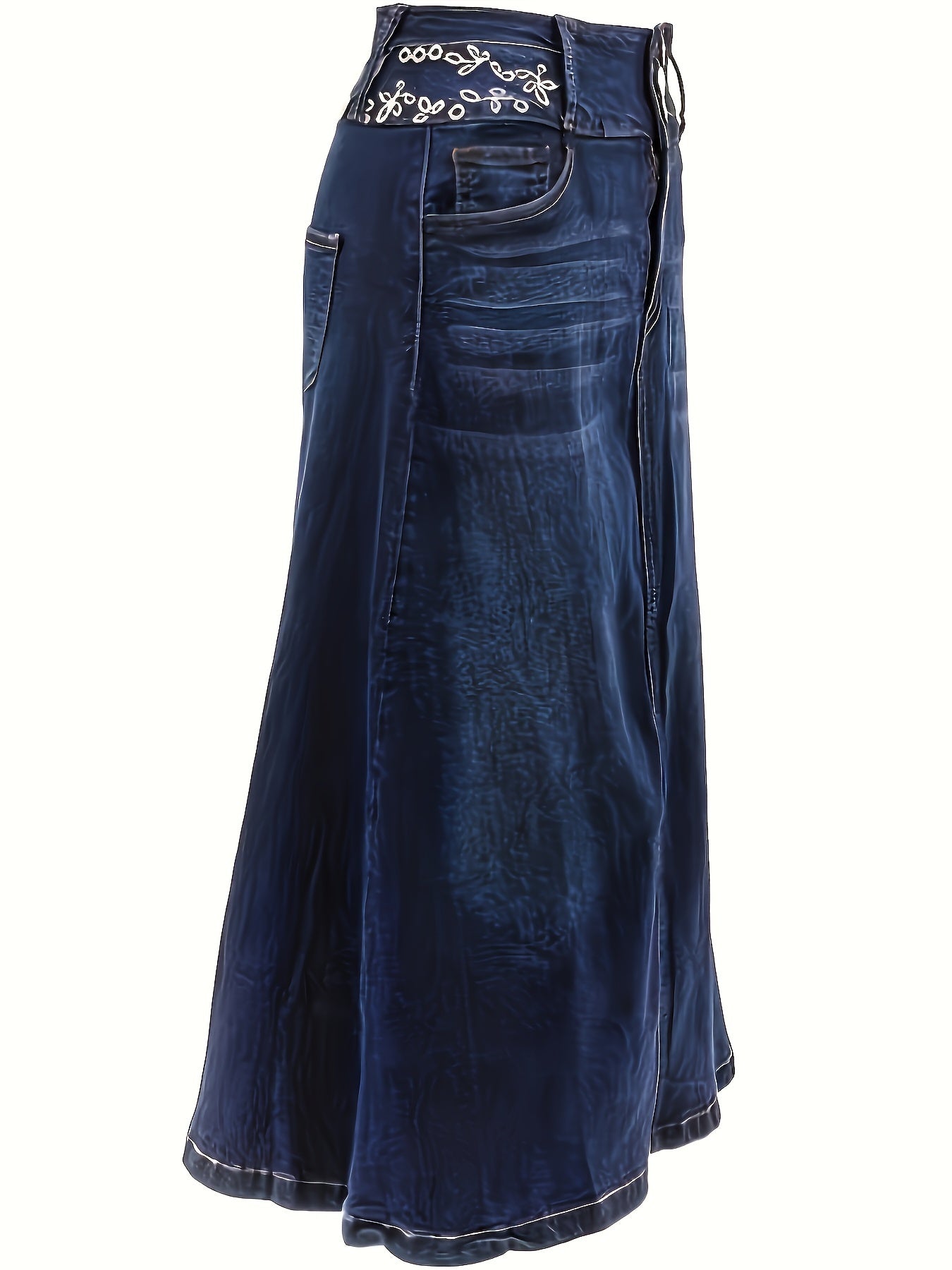 Women's Plus Size Blue Stretch Denim A-Line Midi Skirt With Button Details
