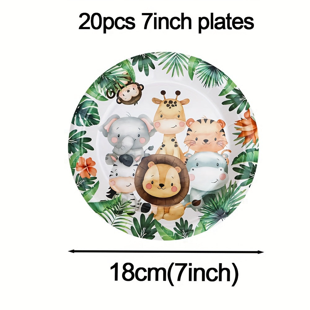 Juego de vajilla con tema de animales de la jungla, 106 piezas: platos, tazas, pañuelos, pajitas y mantel