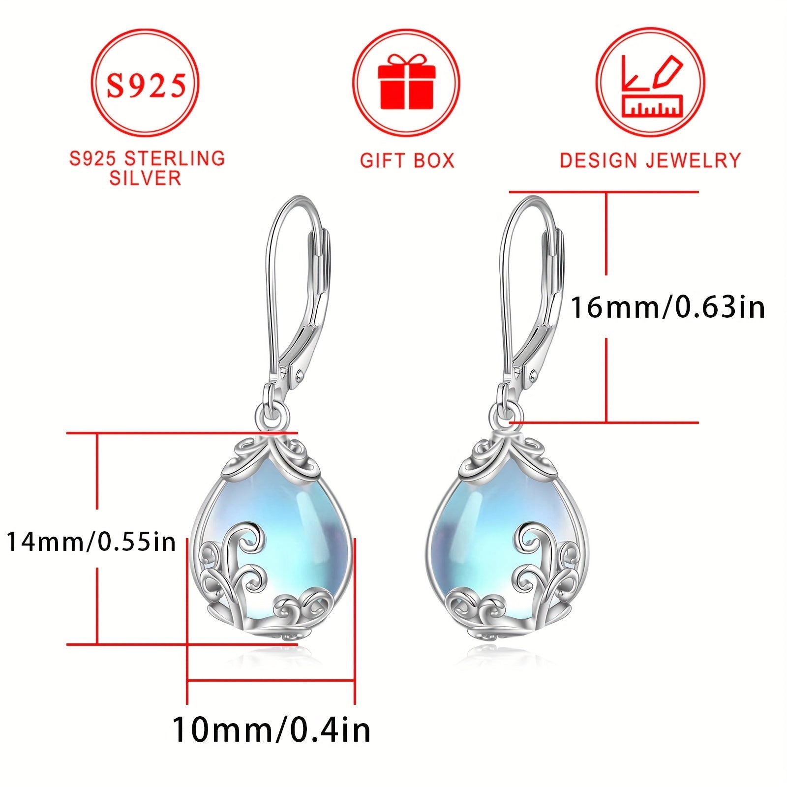 Sterling Silver Drop Earrings with Synthetic Moonstone Teardrop Floral Design Hypoallergenic for Women