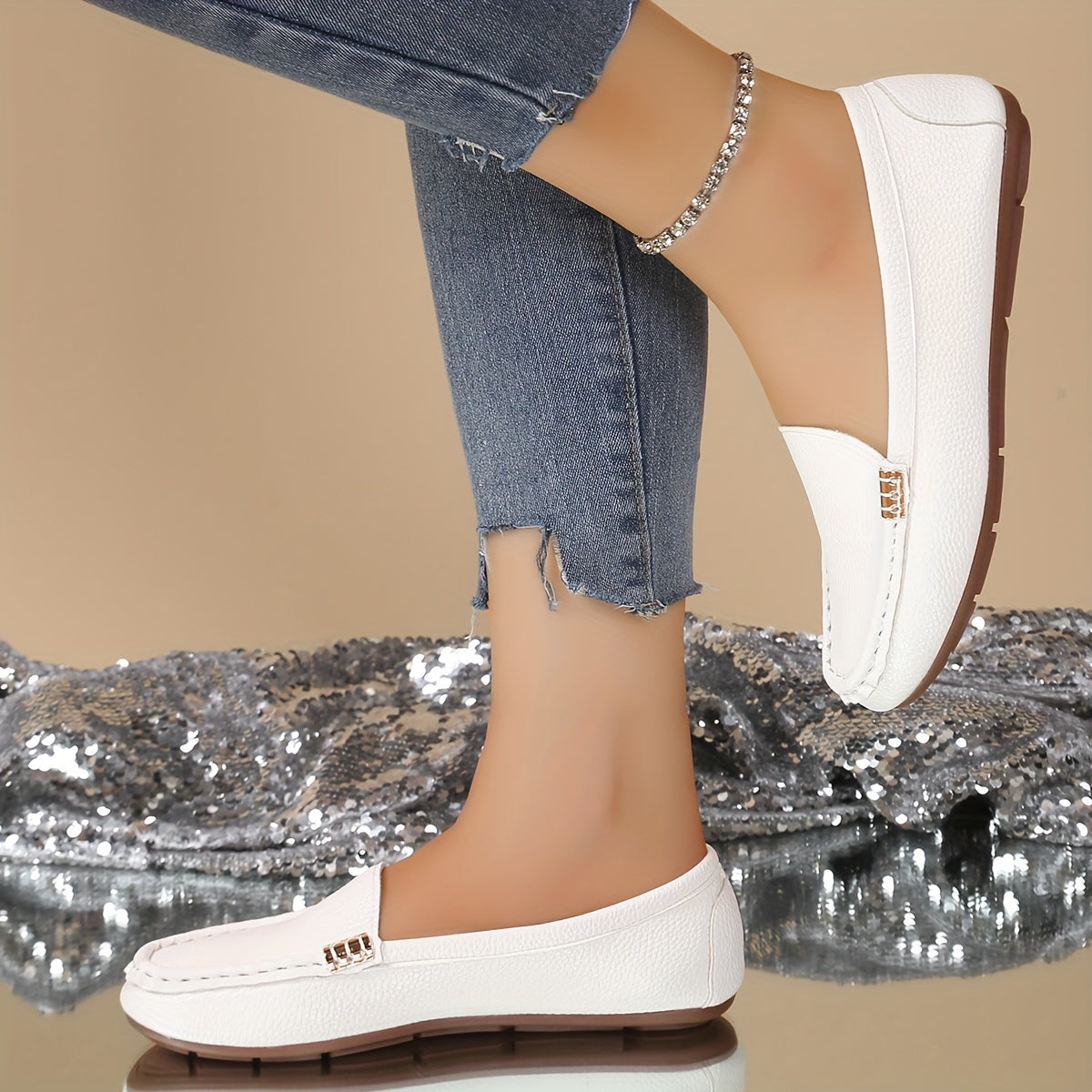 Women's Slip-On Flat Shoes Synthetic White Brown Casual Formal Comfortable Durable