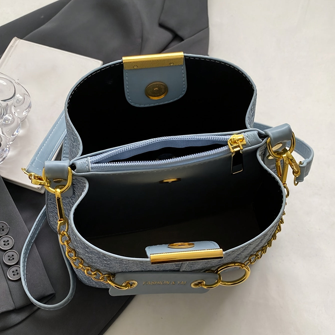 Women's Blue Plaid PU Crossbody Bag with Adjustable Shoulder Strap for Work and Casual Use