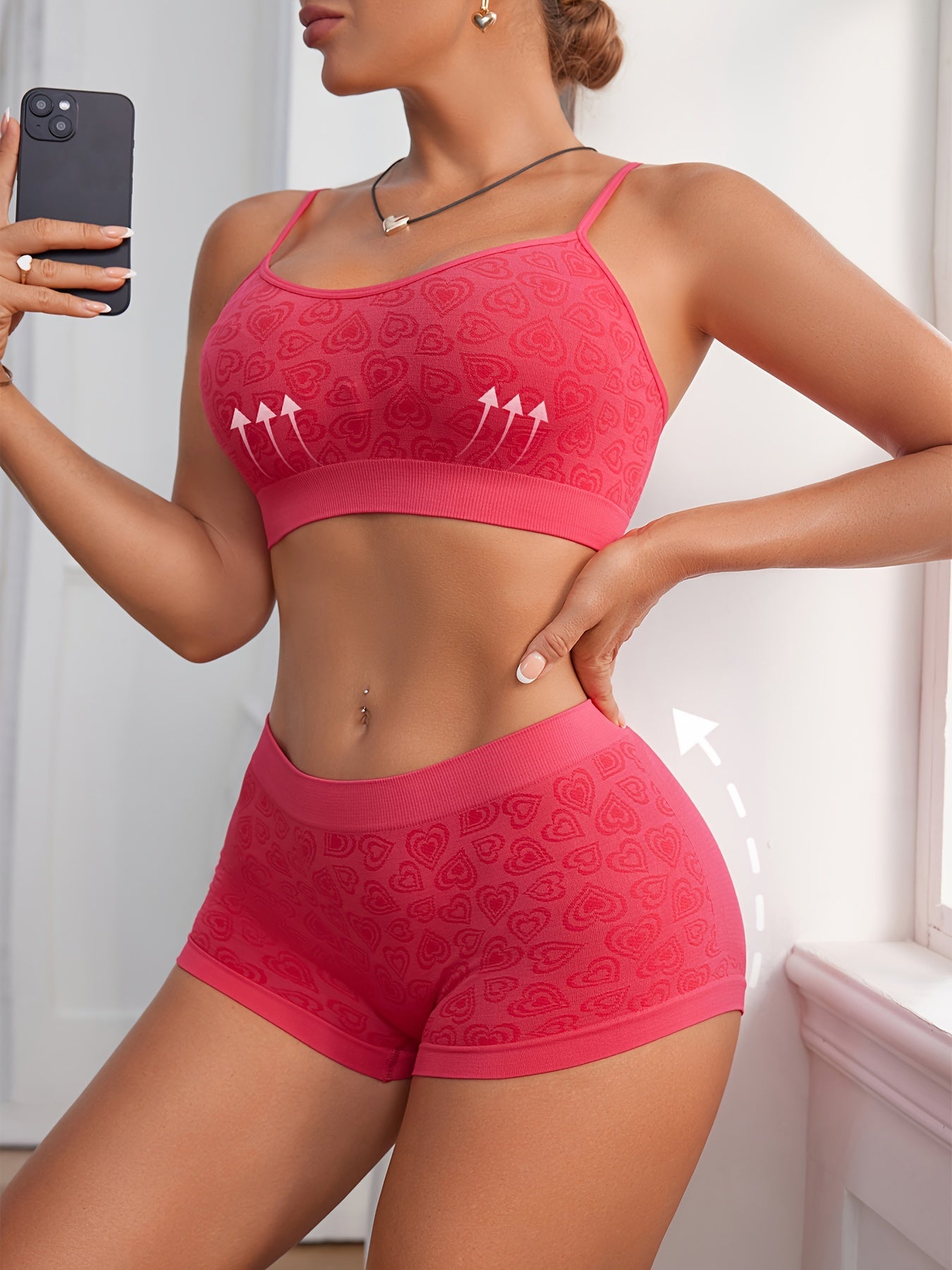 Women's Lingerie Set with Red Heart Design, Adjustable Straps, Stretch Boxer Panties