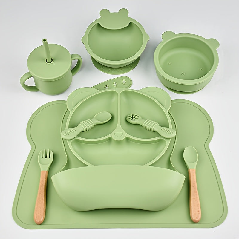 Kids Silicone Dinnerware Set 10 Pieces Bear Theme Plates Bowls Spoons Forks Bibs
