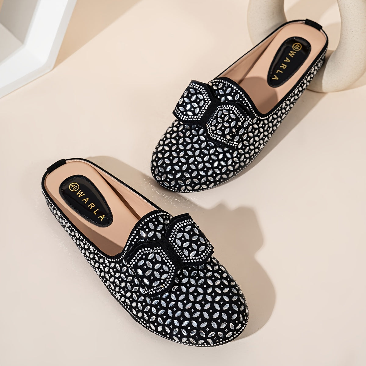 Women's Vintage Rhinestone Bowknot Mules Black Fabric Flats All-Season