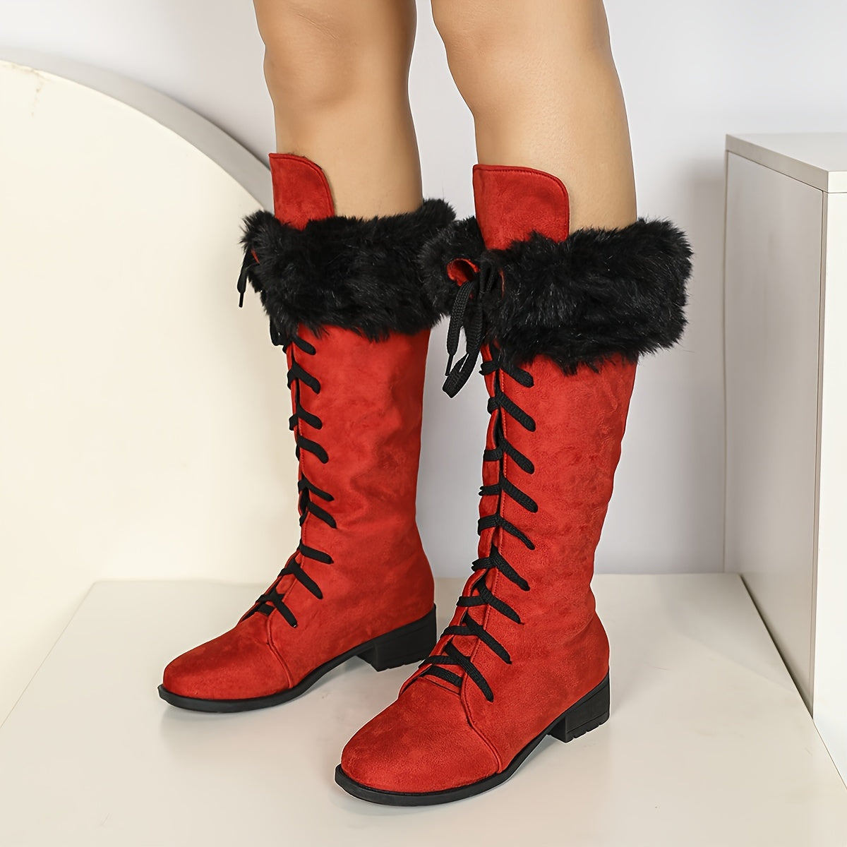 Women's Winter Faux Fur Trim Knee-High Boots Retro Style Cold Weather