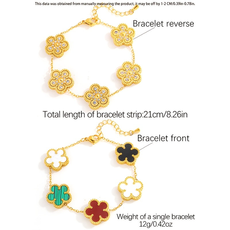 Set of 4 Gold Plated Stainless Steel Flower Bracelets with Rhinestones Boho Style for Women