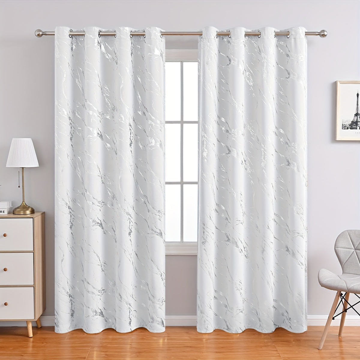Blackout Curtains Set of 2 Modern Marble Pattern UV Protection Polyester for Living Room Bedroom
