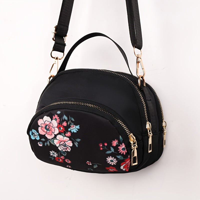 Floral Nylon Crossbody Bag for Women with Adjustable Strap and Zipper Closure