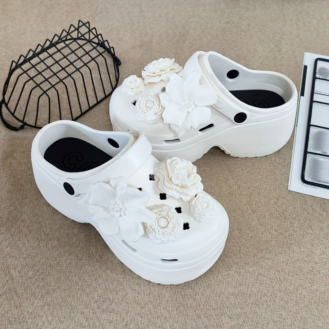 Women Floral Mule Shoes White Black Accents Non-Slip EVA Comfortable