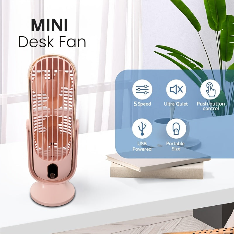 Blue Copper USB Desk Fan with 5-Speed, Rechargeable Battery, Compact