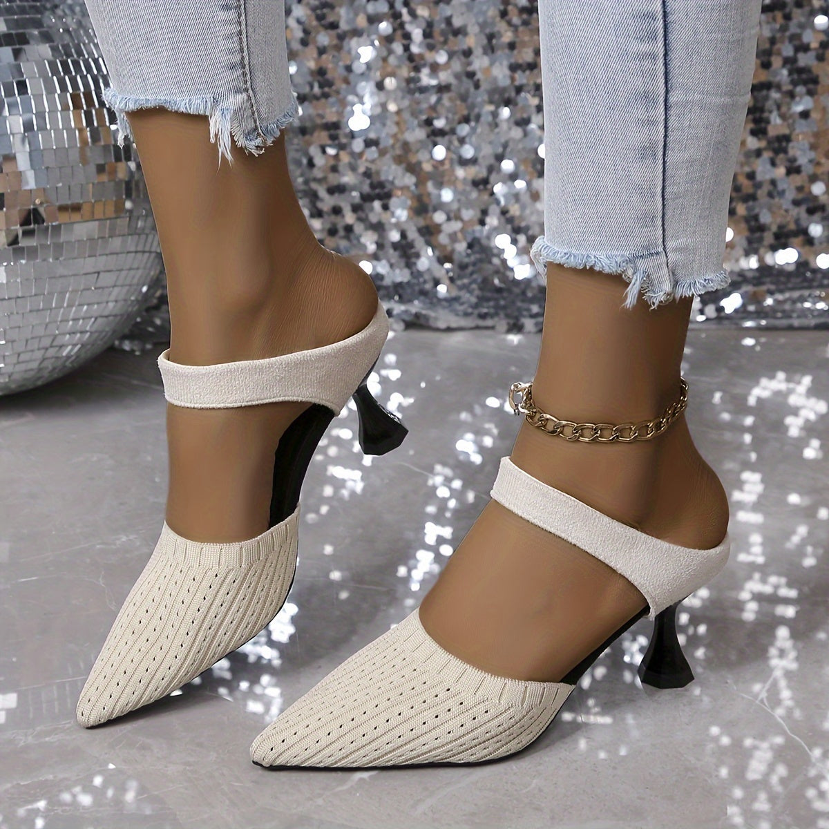 Women's Pointed Toe High Heel Sandals Black Fabric Formal Dress Shoes