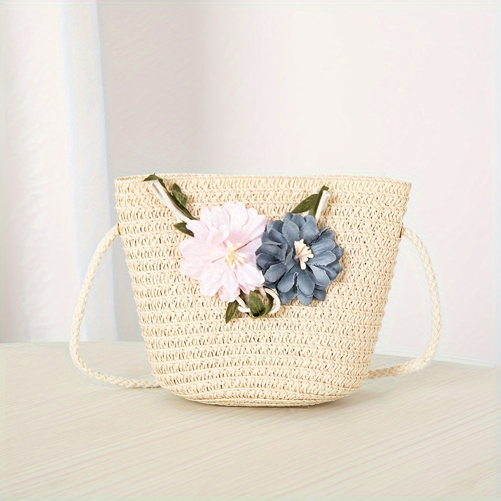 Girls' Straw Hat Set with Flower Decoration and UV Protection for Summer Beach Vacation