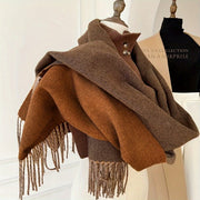 Unisex Cashmere Blend Color Block Scarf with Tassels and Fringe