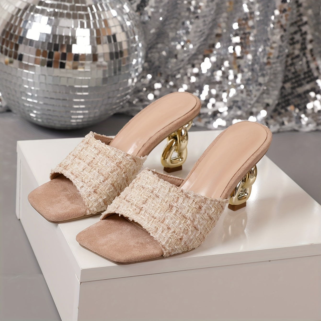 Women's Summer High Heeled Mules with 8-Shaped Block Heels Square Toe Slip-On Party Shoes