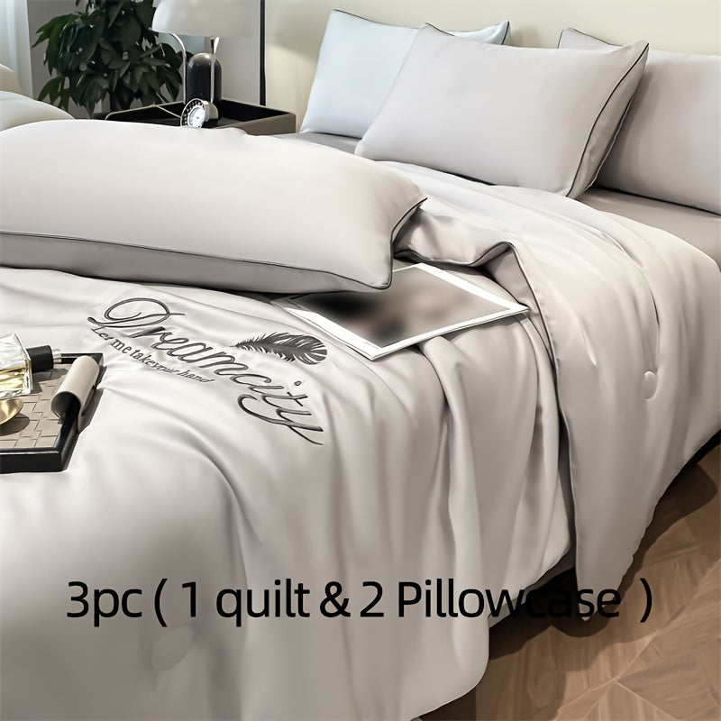 Summer Cooling Quilt Set with Embroidered Microfiber Pillowcases and Quilt