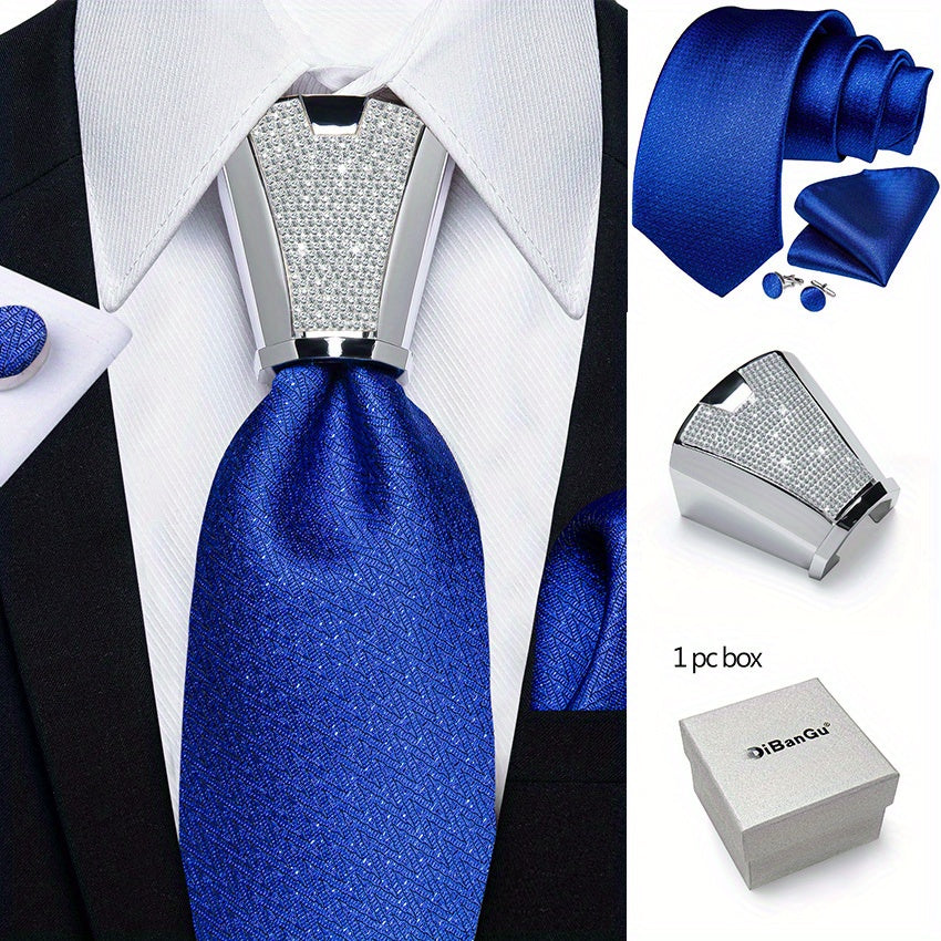 Men's Business Accessory Set with Silver Ring Cufflinks and Handkerchief