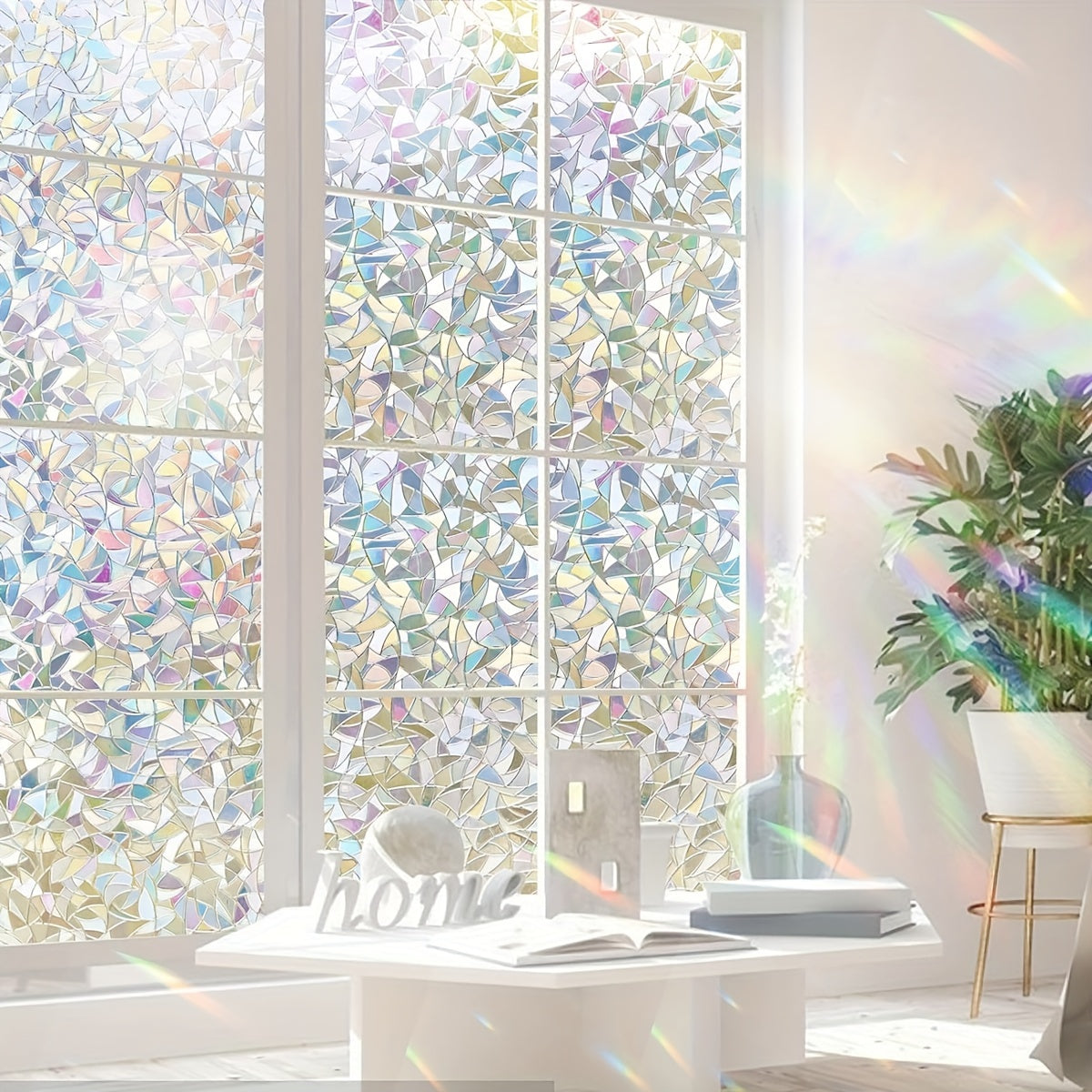 Frosted Privacy Window Film with Crescent & Diamond Pattern, Heat Control, No-Glue, Semi-Transparent, 9mil PVC