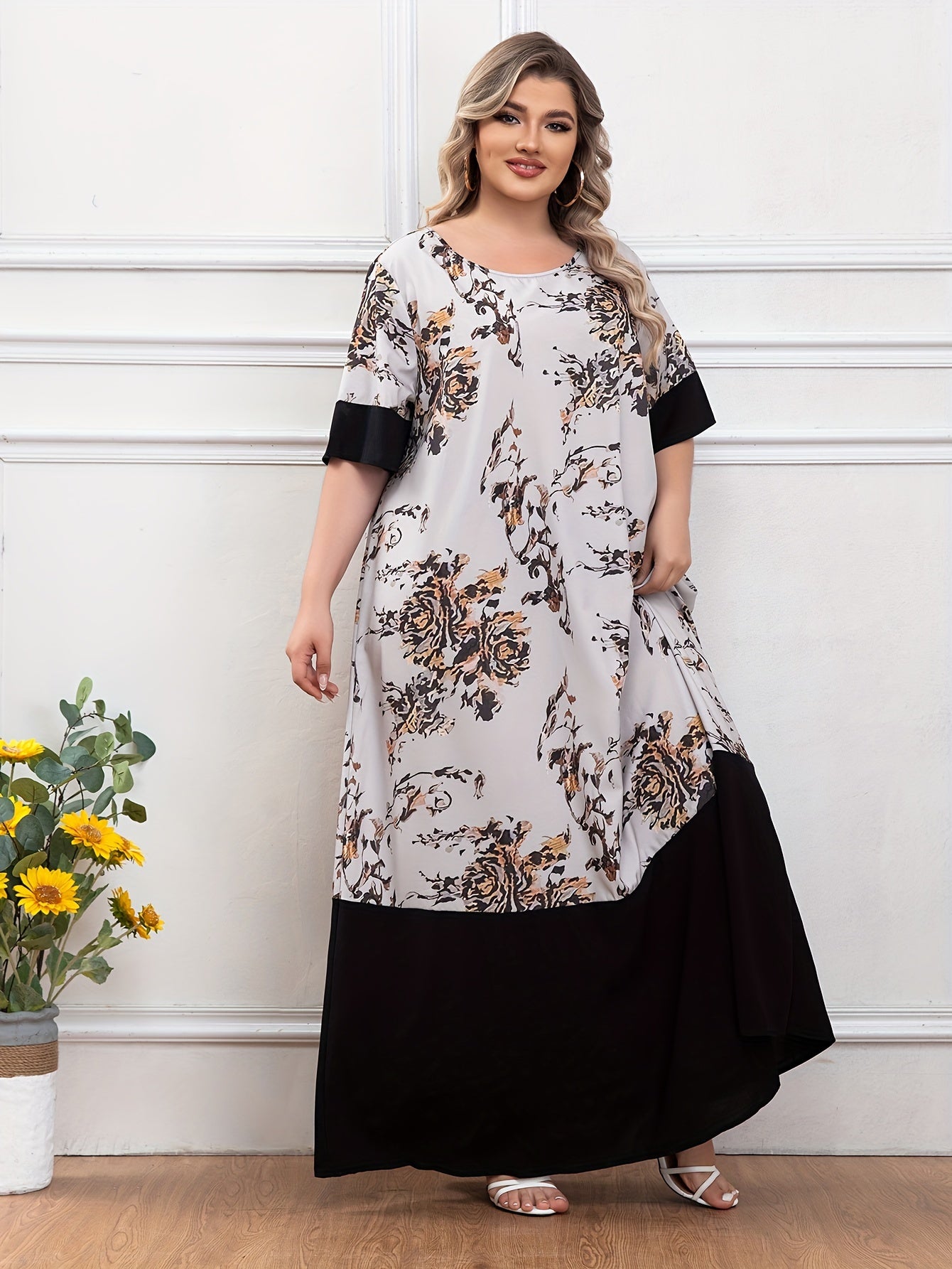 Plus Size Floral Print Dress Short Sleeve Crew Neck Longline Summer Women's Clothing