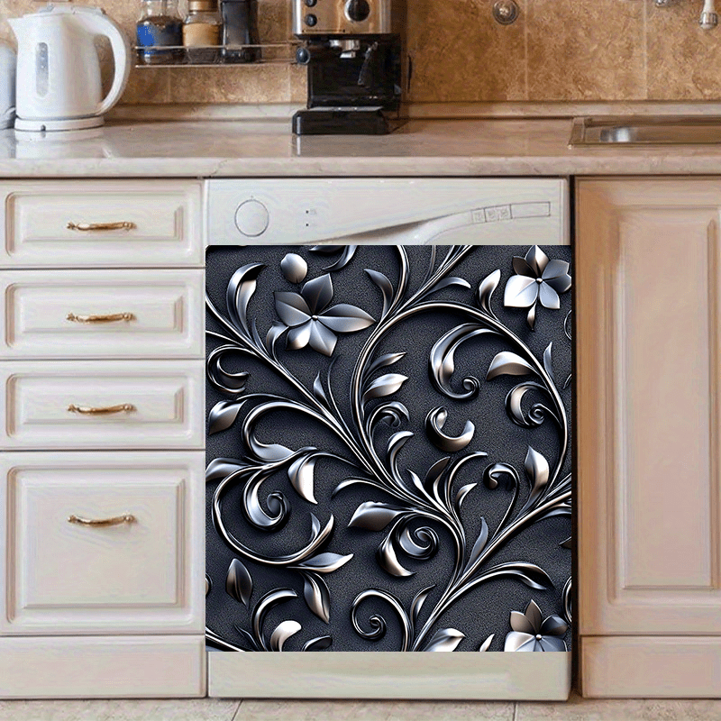 Qorong'i gul bosilgan idish-tovoq magnit stiker, suv o'tkazmaydigan, bezakli oshxona texnikasi, qora, kumush barg, 58.5x65 sm