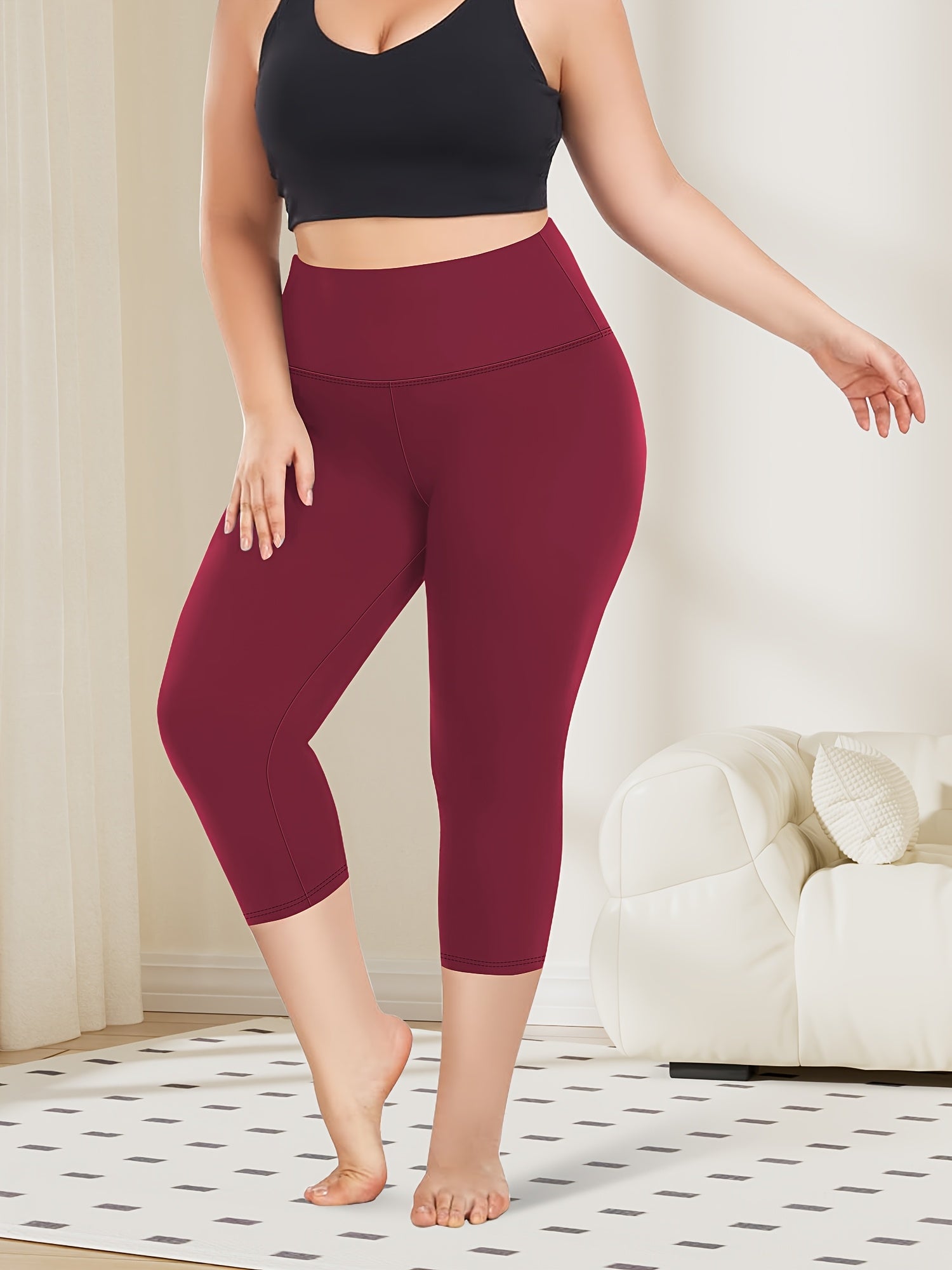 Women's Plus-Size High Waist 7-Inch Capri Leggings Breathable Stretchy Leopard Print