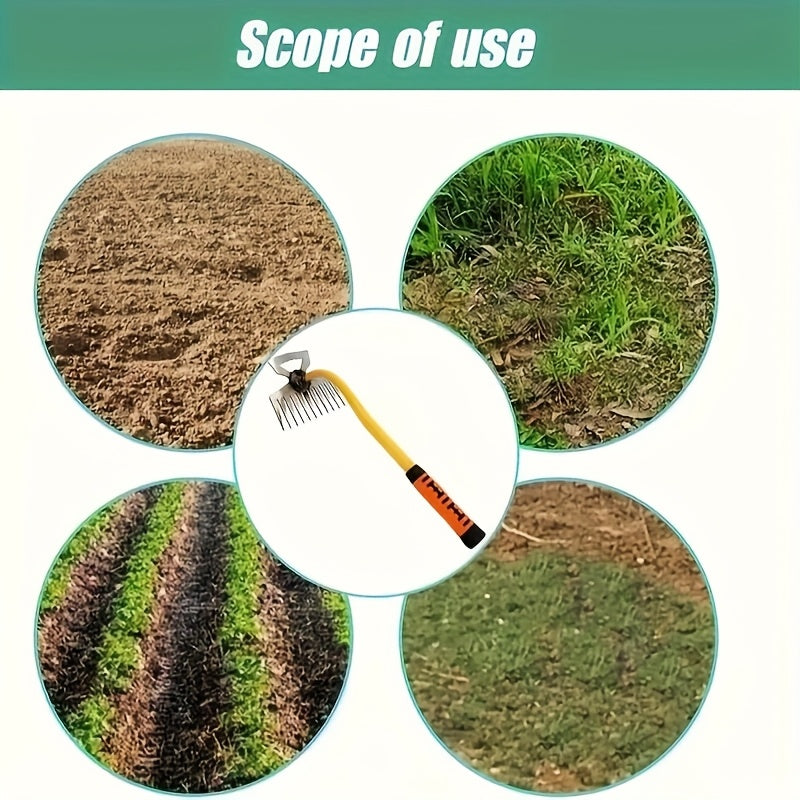 Rastrillo de maleza de acero al manganeso duradero con mango ergonómico amarillo y naranja para jardinería