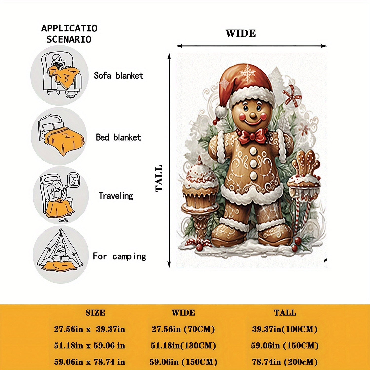 70x100cm Rustic Gingerbread Man Throw Blanket Soft Warm Polyester Flannel Digital Print All-Season