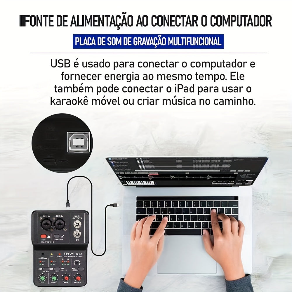 Interfaz de audio USB portátil de 2 canales para grabación de guitarra en negro