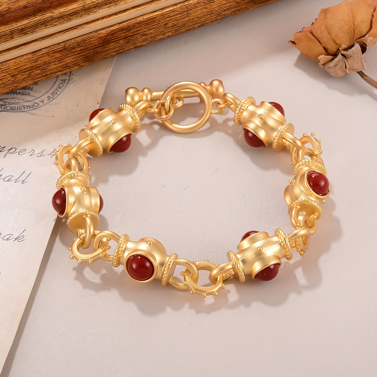 Gold-Plated Alloy Bracelet for Women with Turquoise Accents and Geometric Links