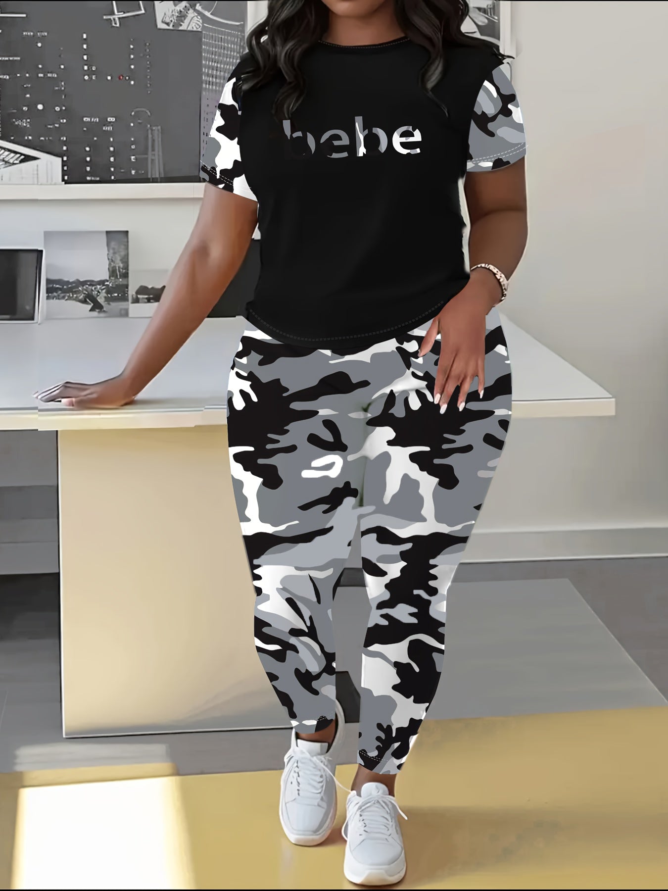 Women's Camo Short Sleeve and Long Pants Casual Set Black White Abstract