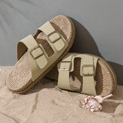 Erkaklar uchun bir rangli ochiq barmoqli slippers, bog'ichli tasmalari bilan, nafas oladigan va qulay EVA tagligi, plyaj yoki tasodifiy kiyim uchun mukammal.