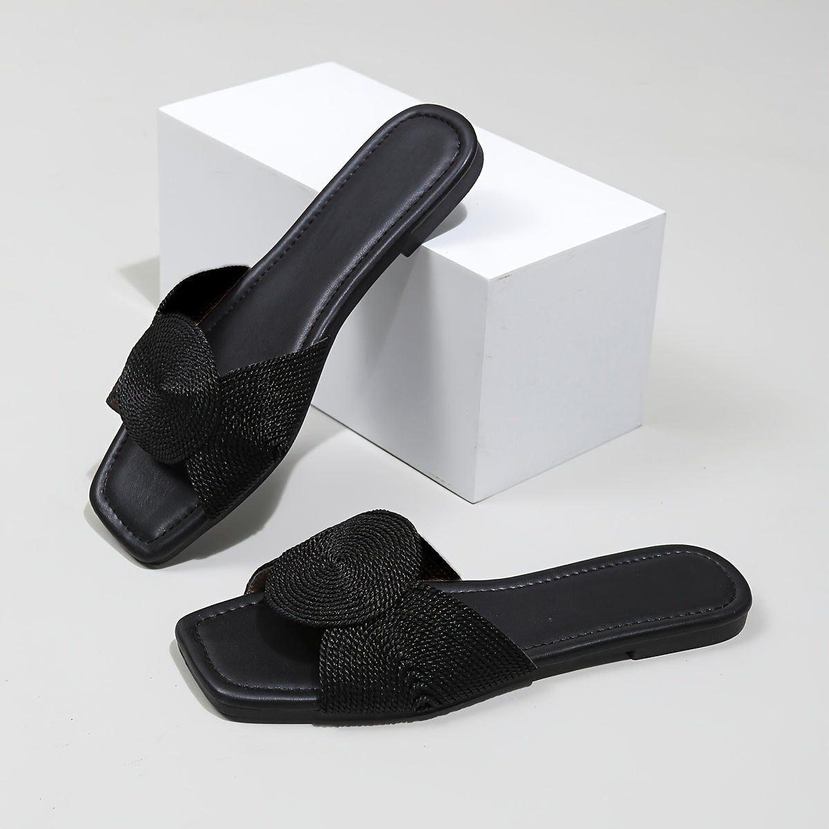 Women's Black Woven Flat Slide Sandals for Summer Beach Casual