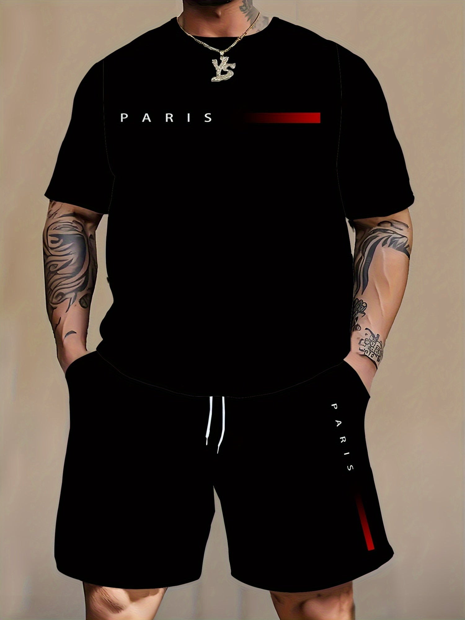 Men's Polyester Knit Tracksuit Set with Graphic Print and Pocket Details