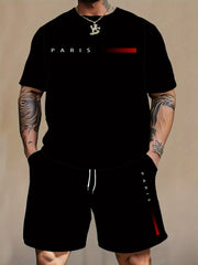 Men's Polyester Knit Tracksuit Set with Graphic Print and Pocket Details