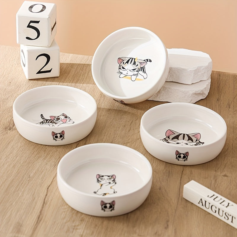 Ceramic Pet Bowl for Cats and Dogs Non-Slip Cartoon Cat Print Durable Food and Water Dish