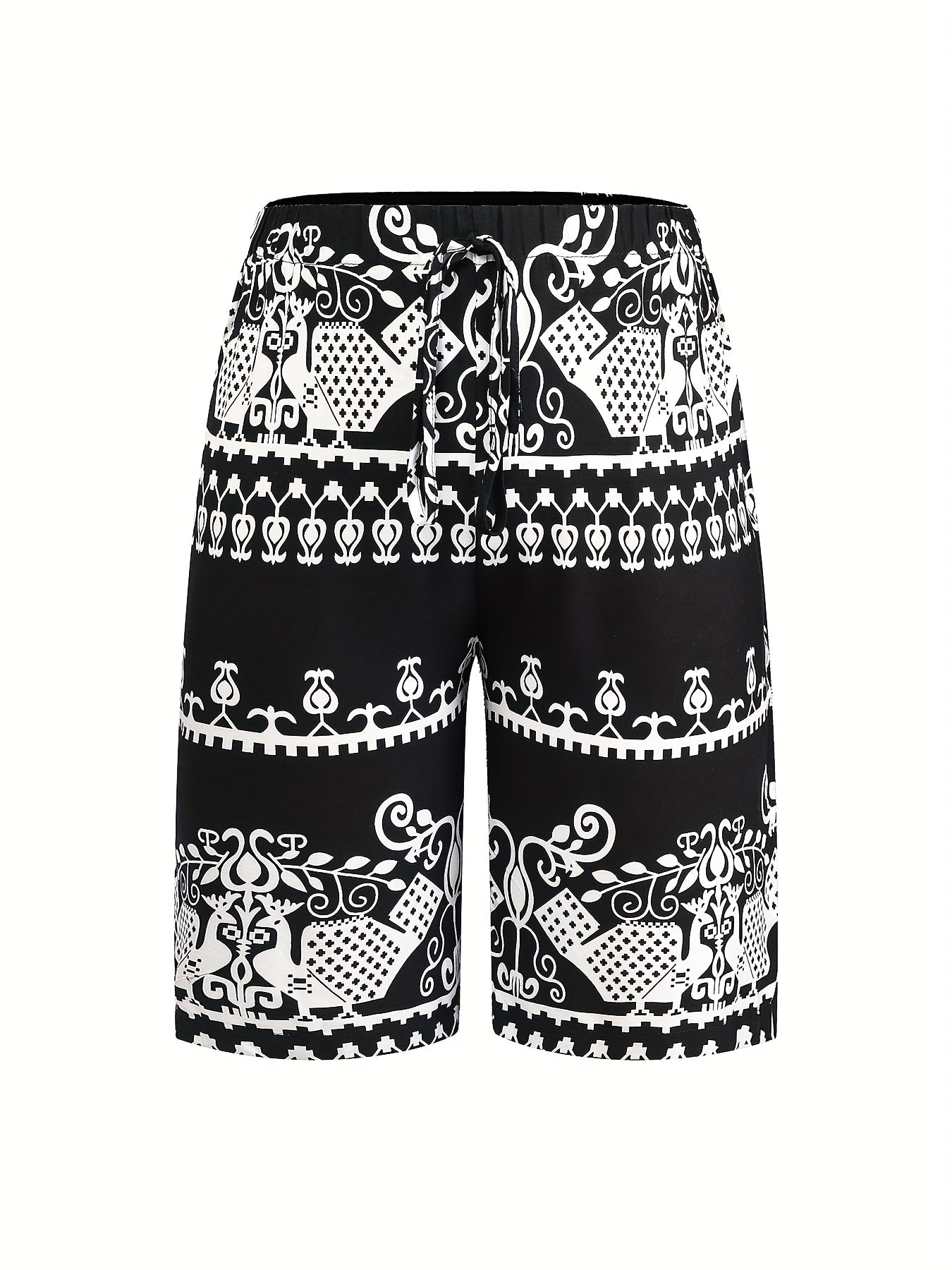 Women's Plus Size Black and White Lace-Up Bermuda Shorts Casual Vacation Floral Print