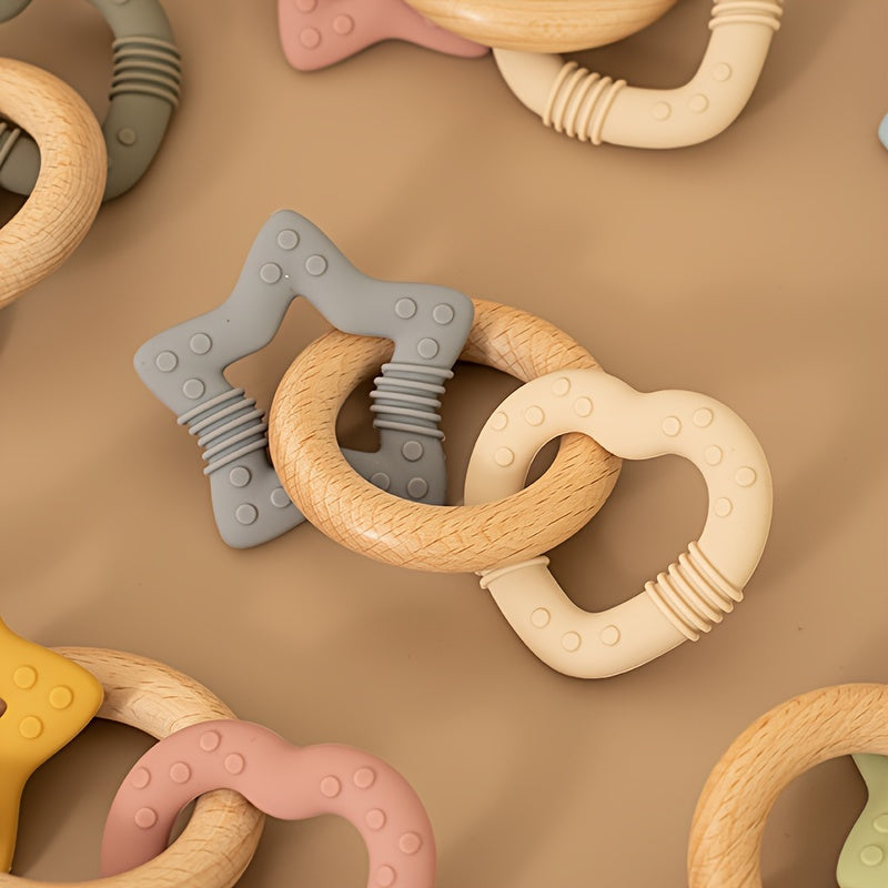 Baby Silicone Teether with Wooden Ring Star and Heart Designs Assorted Colors