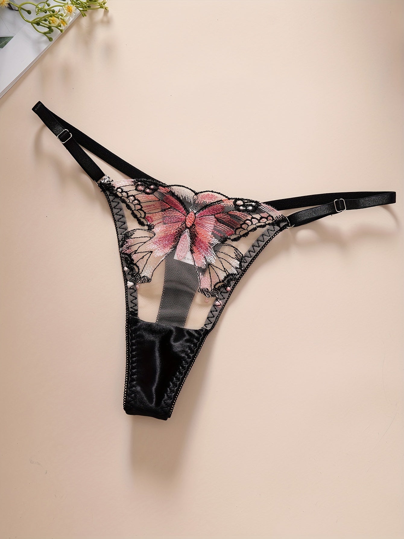 Women's Butterfly Lingerie Set with Sheer Mesh Embroidered Underwire Bra and Thong