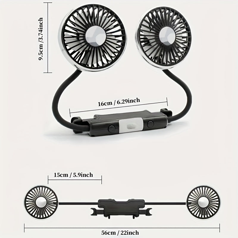 Adjustable Dual-Head Car Fan with Dual Motors, Strong Airflow, USB Powered