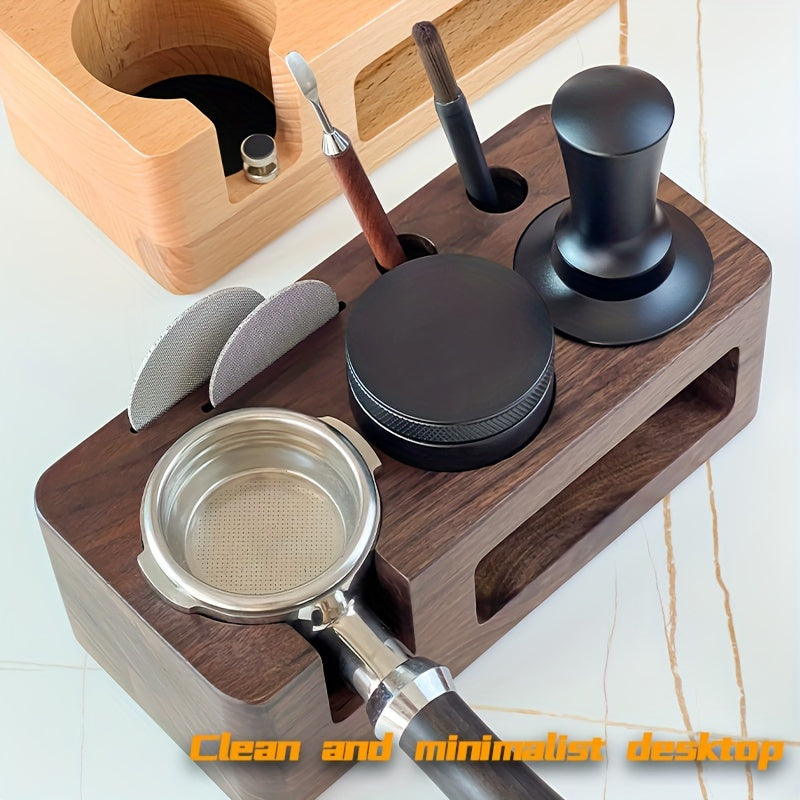 Espresso Tamping Station Set with Tamper Holder and Distribution Tool Walnut Beech