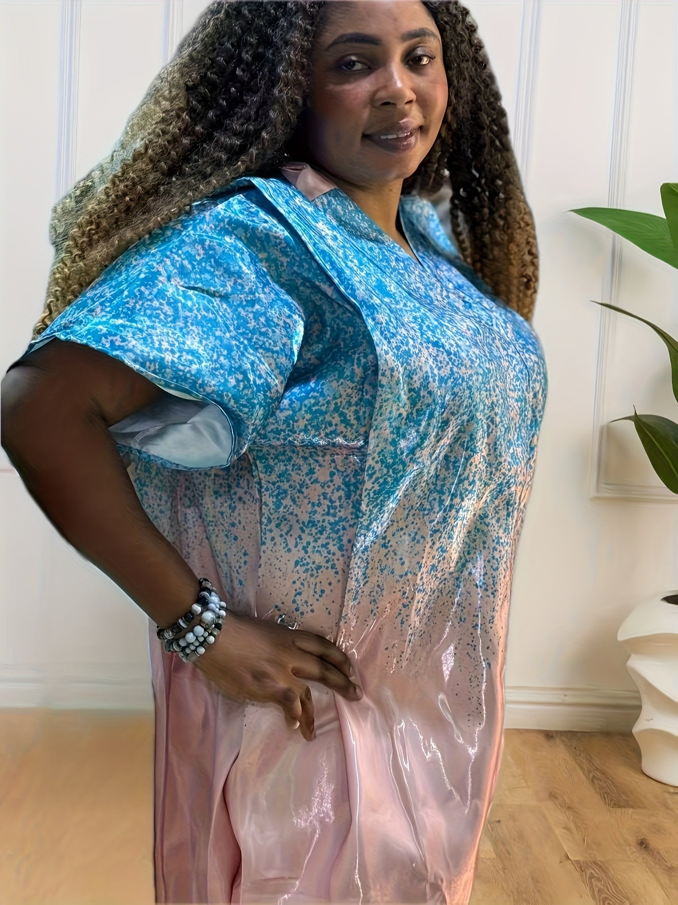 Plus o'lcham ayollar uchun gradient bosma kaftan kiyi qisqa qo'l, erkin fit, rang-barang yashil va sariq