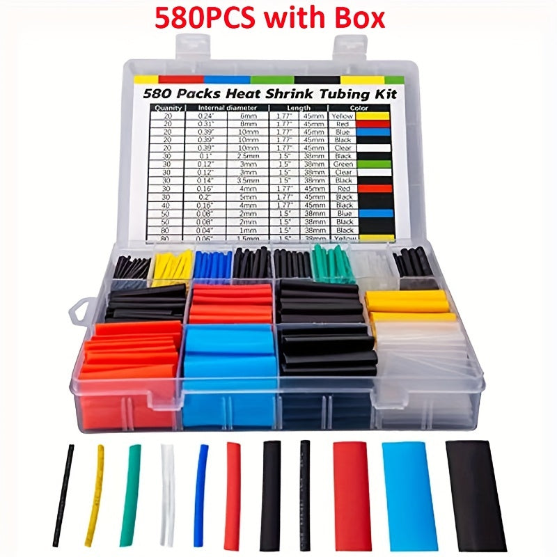 Heat Shrink Cable Sleeve Kit 580pcs 2:1 Polyolefin Insulation Assorted Sizes