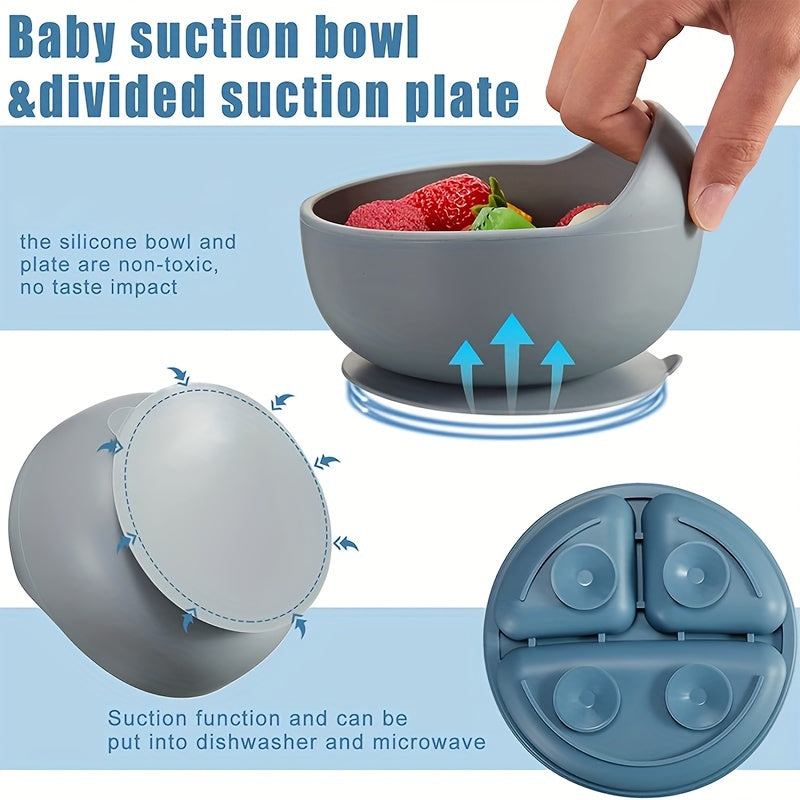 Baby Feeding Set 6 Pieces Silicone Includes Suction Bowl Divided Plate Spoon Fork Sippy Cup Bib