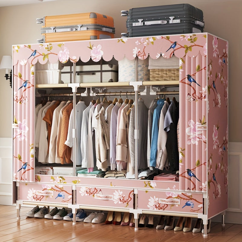 Pink Floral and Bird Pattern Wardrobe Closet with Cover and Metal Frame for Bedroom or Rental Space